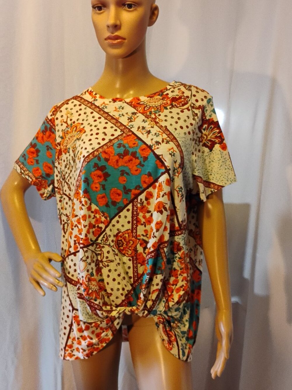 Maurices | White Orange & Teal Patchwork Knot Hem T-Shirt | OX | NWT | $26.90 Re